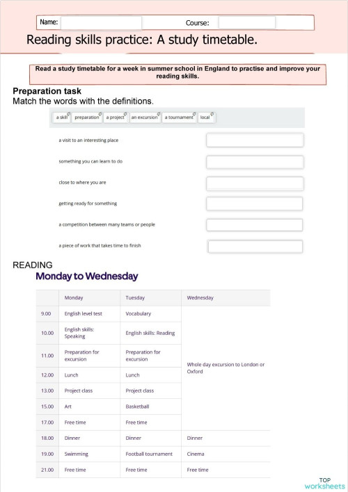 Reading a study timetable. Interactive worksheet | TopWorksheets