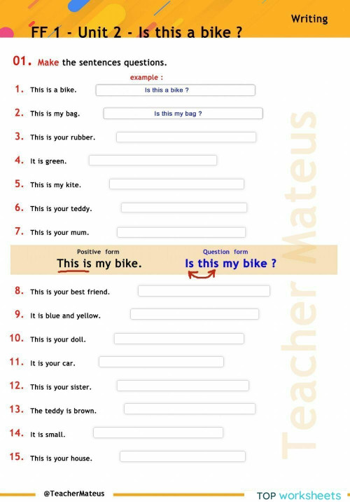 FF 1 - Unit 02 - Is this a bike ? - Writing. Interactive worksheet ...