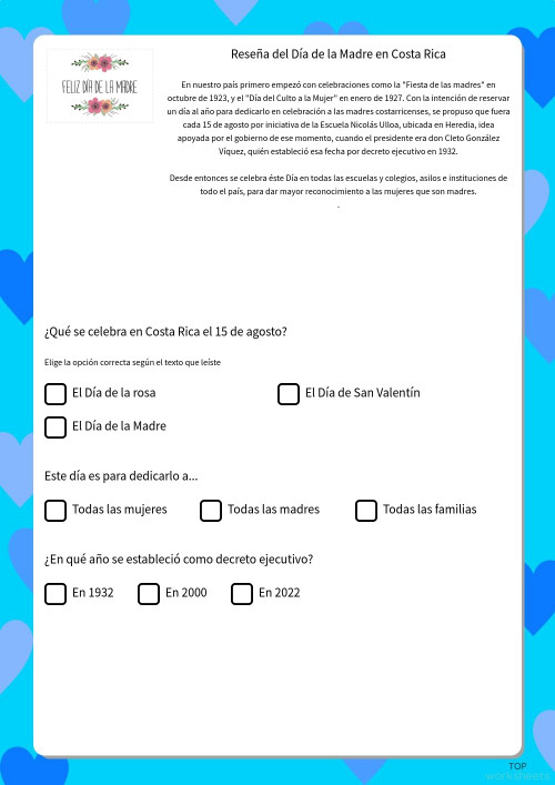 Reseña del Día de la Madre en Costa Rica. Ficha interactiva TopWorksheets Reseña del Día de la Madre en Costa Rica. Ficha interactiva TopWorksheets