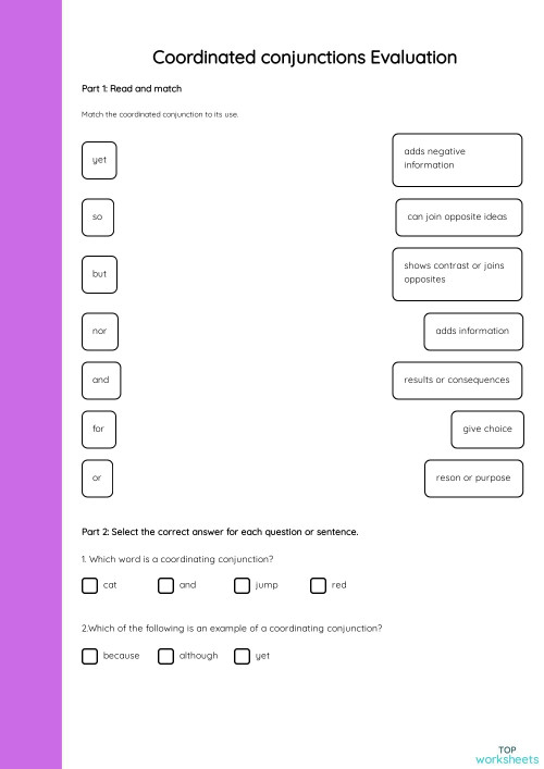 Coordinated conjunctions Evaluation. Interactive worksheet | TopWorksheets