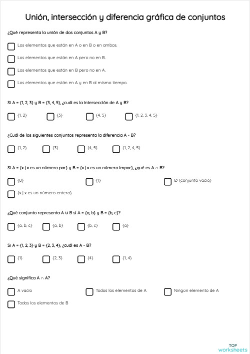 Conjuntos: fichas interactivas y ejercicios online | TopWorksheets