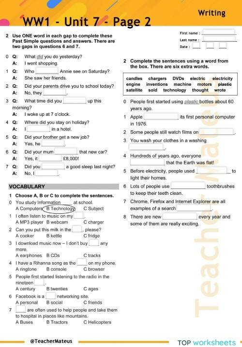 WW1 - Unit 7 - Page 2. Interactive worksheet | TopWorksheets