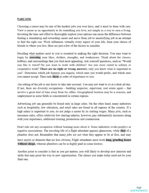 part 1- Reading 3. Interactive worksheet | TopWorksheets