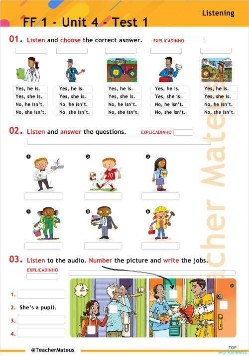 FF 1 - Unit 04 - Test 1 - Listening. Interactive worksheet | TopWorksheets