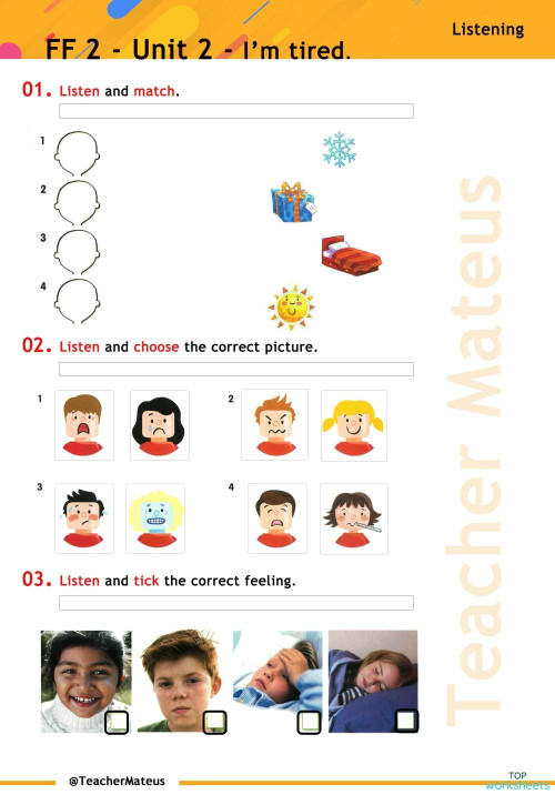 FF 2 Unit 02 I'm tired. Listening. Interactive worksheet TopWorksheets