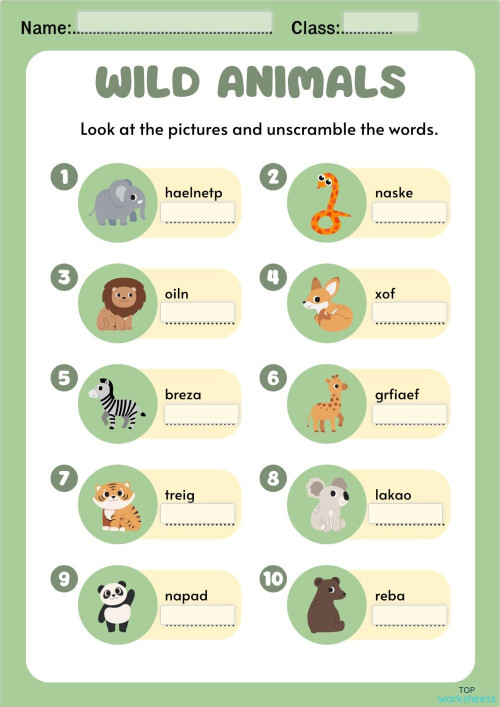 wild animals ใบงานเชิงโต้ตอบ | TopWorksheets