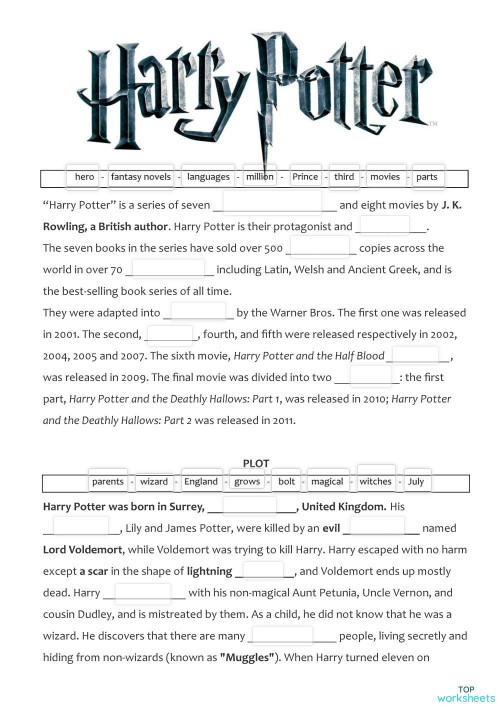 HARRY POTTER. Interactive worksheet | TopWorksheets