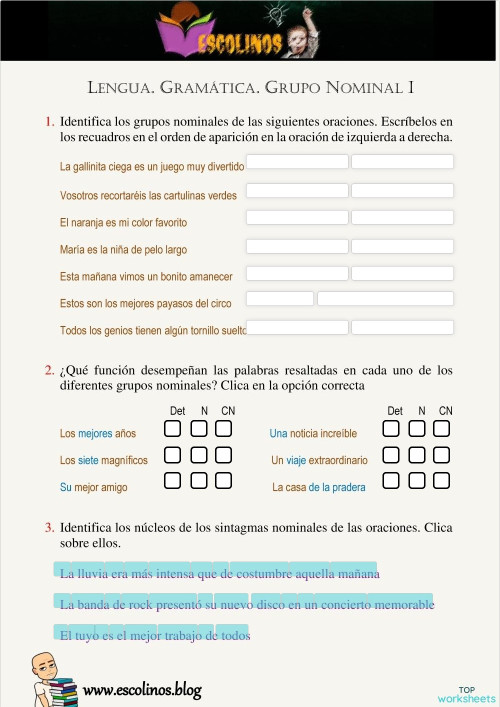 Lengua. Gramática. Grupo Nomnal I. Ficha interactiva | TopWorksheets