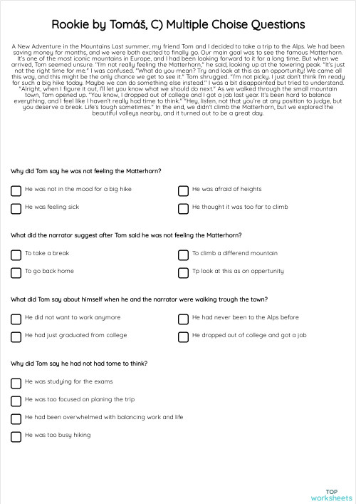 Rookie by Tomáš, C) Multiple Choise Questions. Interactive worksheet ...