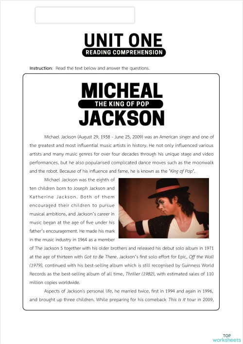 ๊Unit 1 Micheal Jackson ใบงานเชิงโต้ตอบ | TopWorksheets