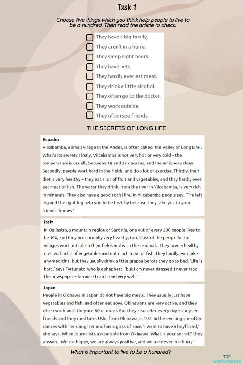 Lesson 3. Longevity. Interactive worksheet TopWorksheets