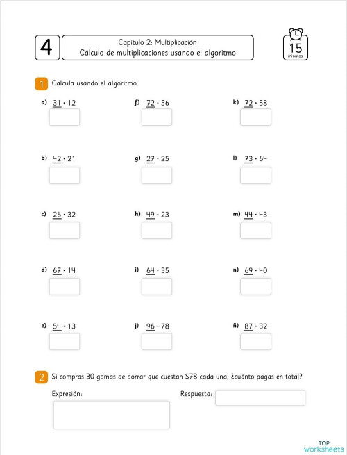 Calculo de multiplicación usando el algoritmo. Ficha interactiva ...