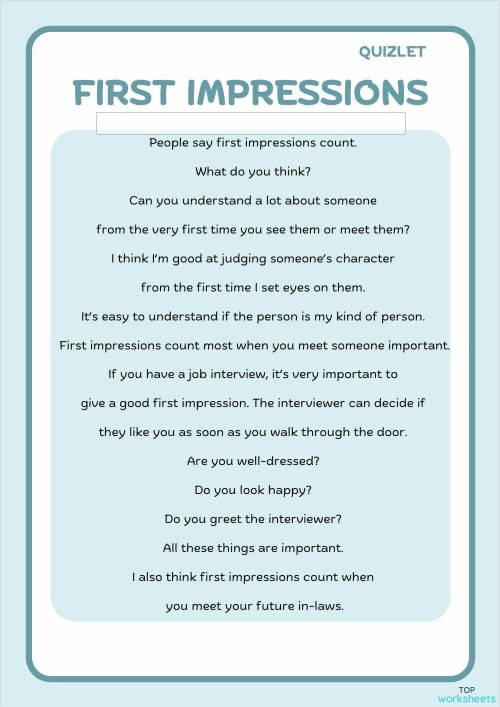 first impressions. Interactive worksheet | TopWorksheets