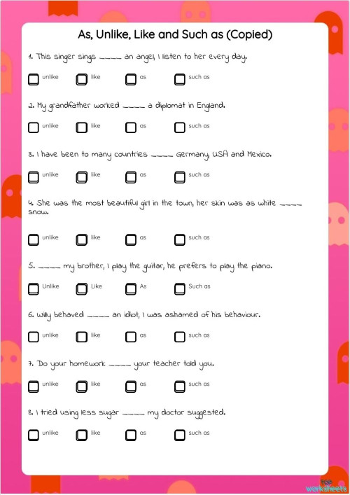 As, Unlike, Like and Such as. Interactive worksheet | TopWorksheets