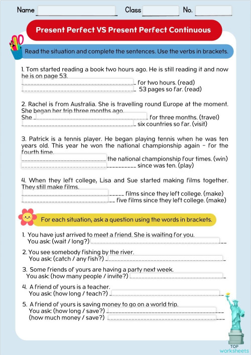 Present Perfect Simple VS Continuous M.6 ใบงานเชิงโต้ตอบ | TopWorksheets