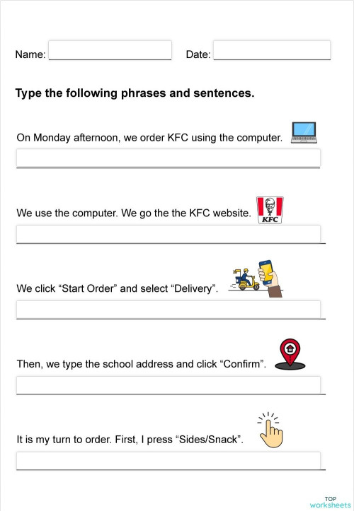 J - KFC Delivery Typing Worksheet. Interactive worksheet | TopWorksheets