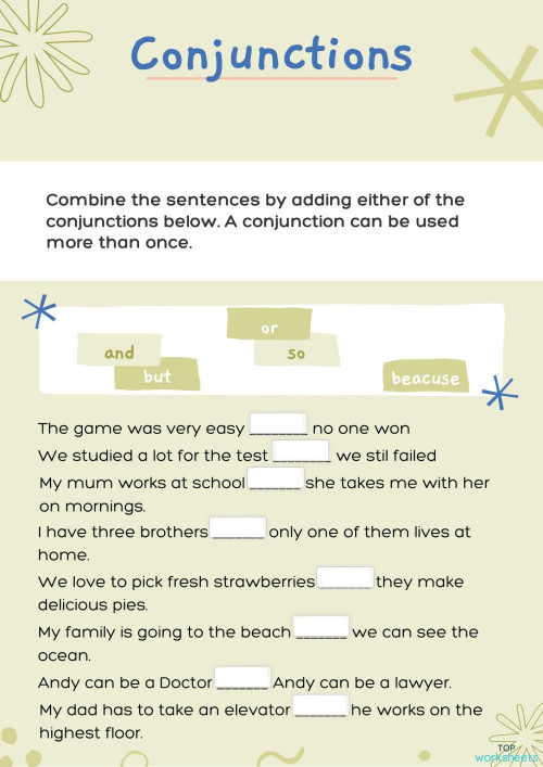 Conjunctions. Interactive worksheet | TopWorksheets