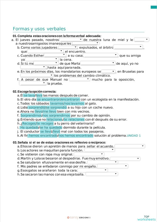 Gramatica: fichas interactivas y ejercicios online | TopWorksheets