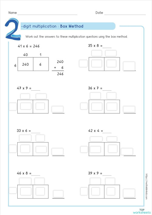 2 digit multiplication: Box Method. Interactive worksheet | TopWorksheets
