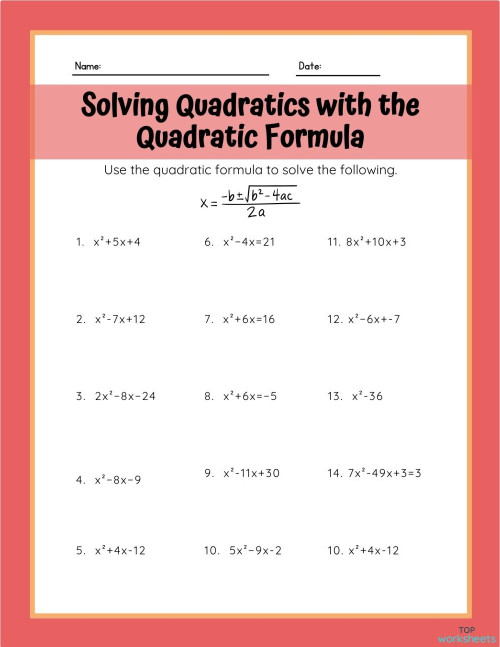Solving Quadratics with the Formula Worksheet. Interactive worksheet ...