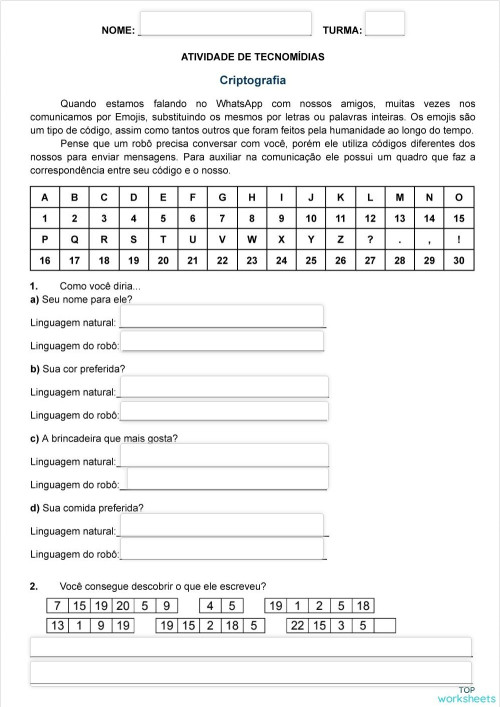 CRIPTOGRAFIA. Ficha interativa | TopWorksheets