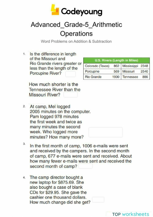 Advanced Word Problems On Addition Subtraction Interactive Worksheet
