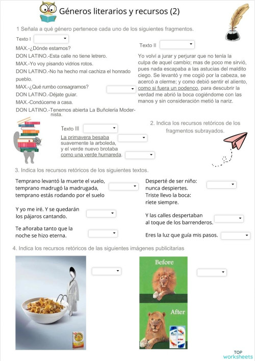 Géneros literarios: fichas interactivas y ejercicios online | TopWorksheets