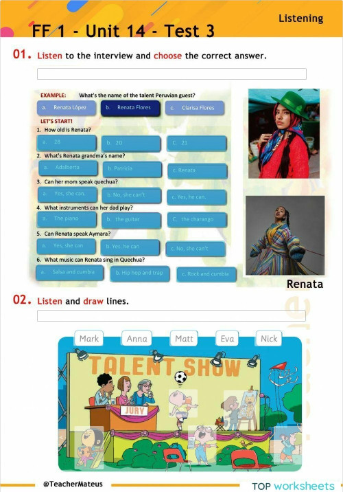 FF 1 - Unit 14 - Test 3 - Listening. Interactive worksheet | TopWorksheets