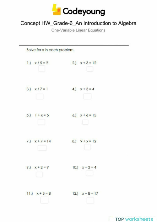 One-Variable Linear Equations Concept HW. Interactive worksheet ...