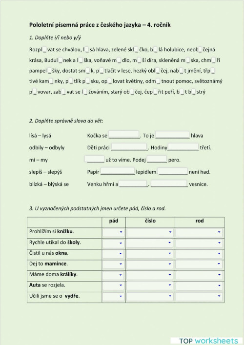 Čeština: interaktivní pracovní listy a online cvičení | TopWorksheets