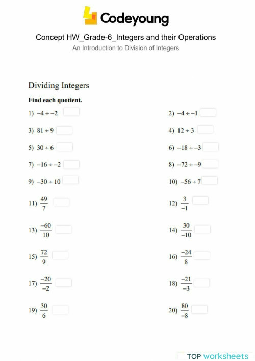 An Introduction to Division of Integers Concept HW. Interactive ...