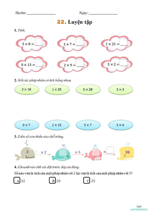W25_95_Luyện tập phép nhân. Bài tập tương tác | TopWorksheets
