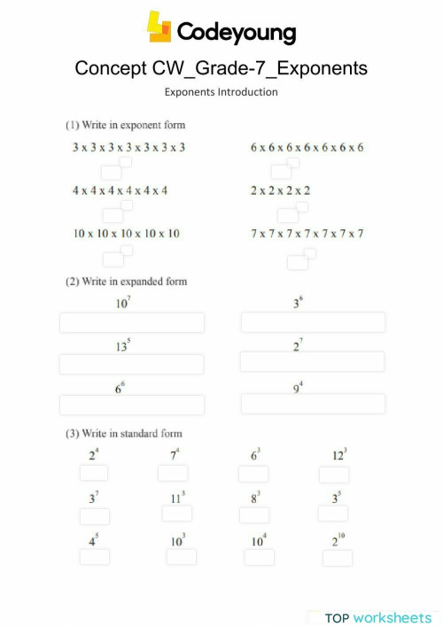 Exponents Introduction Concept CW. Interactive worksheet | TopWorksheets