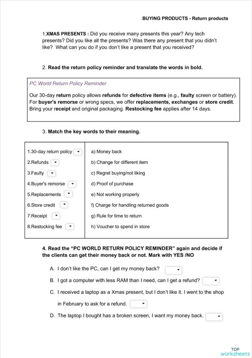 Buying products -return products. Interactive worksheet | TopWorksheets