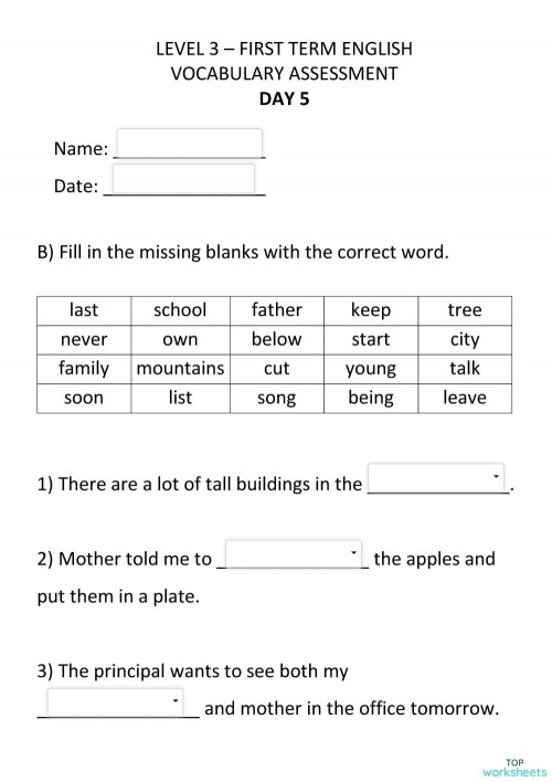 day 5 vocabulary test level 3 interactive worksheet topworksheets