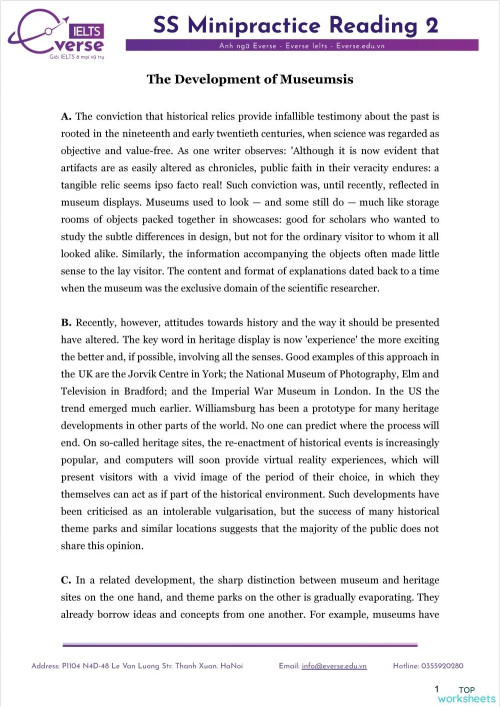 SS Mini Reading - museum. Bài tập tương tác | TopWorksheets