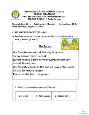 Reading Test 2Grade Aug 23. Interactive worksheet | TopWorksheets