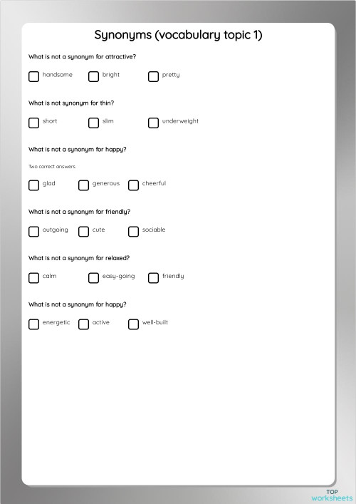 Synonyms (vocabulary topic 1). Interactive worksheet TopWorksheets