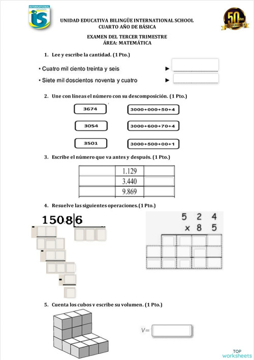 EXAMEN TERCER TRIMESTRE MATEMÁTICA CUARTO. Ficha interactiva ...