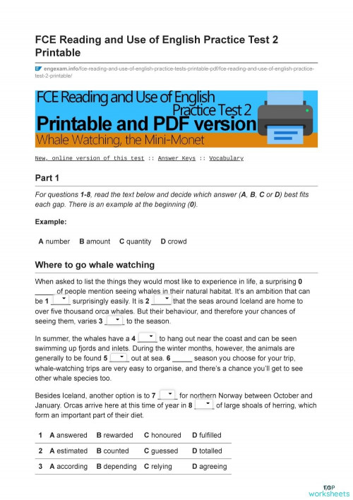 Practice Test 2 R/UE Part 1-3. Interactive worksheet | TopWorksheets
