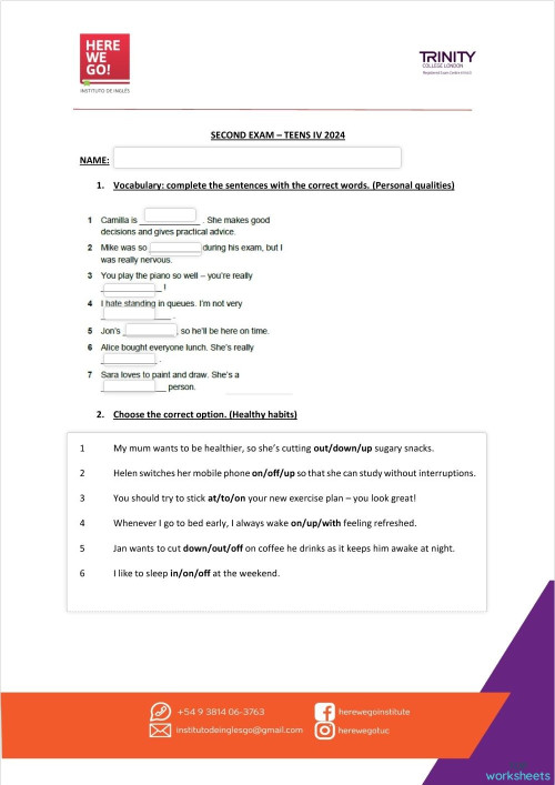 SECOND EXAM TEENS IV 2024. Interactive worksheet | TopWorksheets