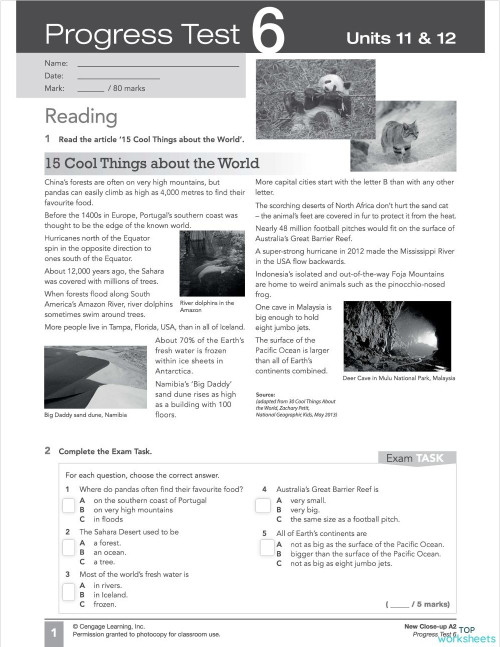 Close-up A2 Progress Test 6 Reading. Interactive worksheet | TopWorksheets