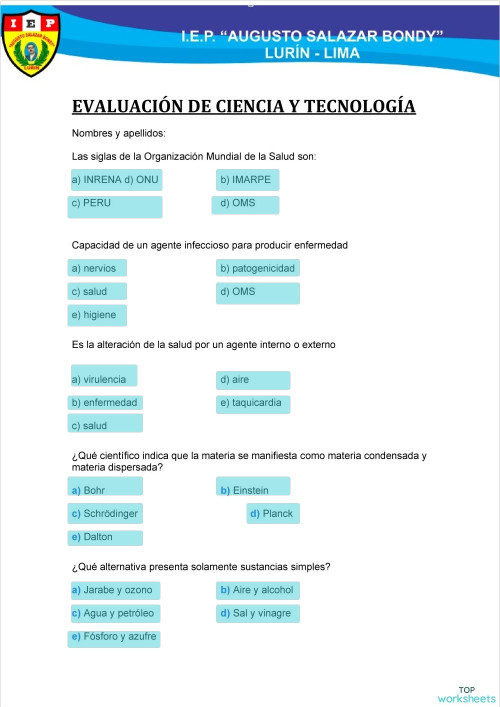 Evaluación de ciencia y Tecnología. Ficha interactiva | TopWorksheets