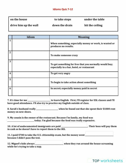 Idioms Quiz 7-12. Interactive worksheet | TopWorksheets
