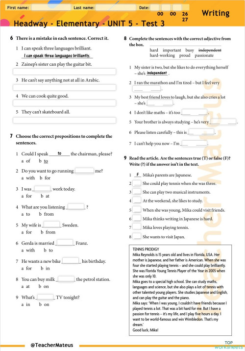 Headway - Elementary - UNIT 5 - Test 4 - Writing. Interactive worksheet ...