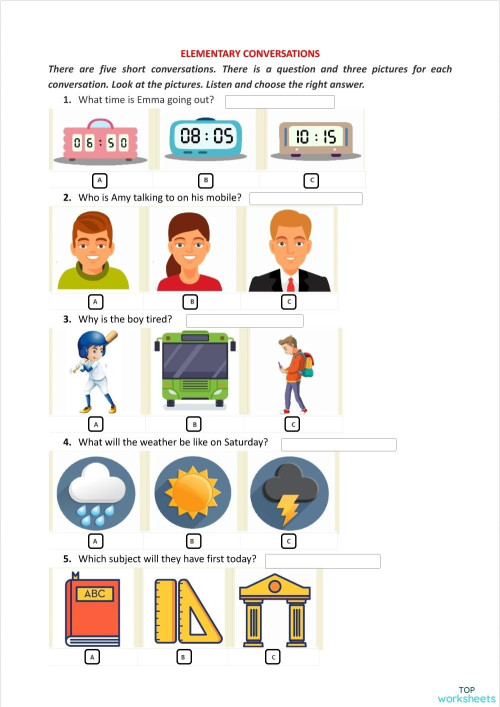 Elementary Listening - Conversations + Pictures. Interactive worksheet ...