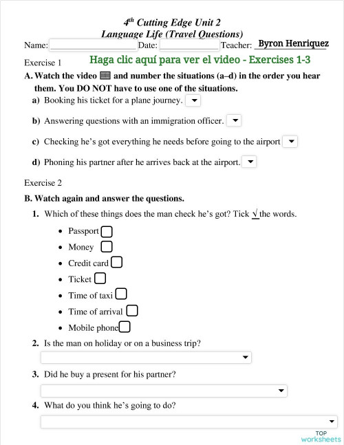 4th CE Unit 2 Travel Questions.. Interactive worksheet | TopWorksheets