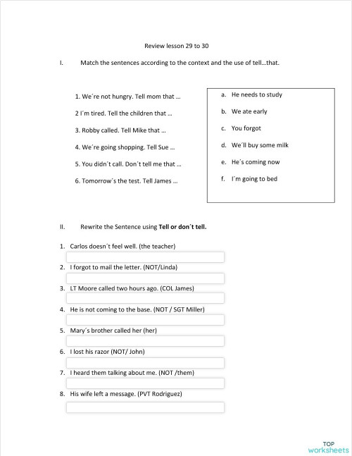 Review from lesson 29 to 30 2nd year. Ficha interactiva | TopWorksheets