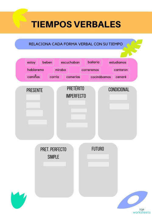 Colorful Basic Spanish Verb Forms Worksheet. Ficha interactiva