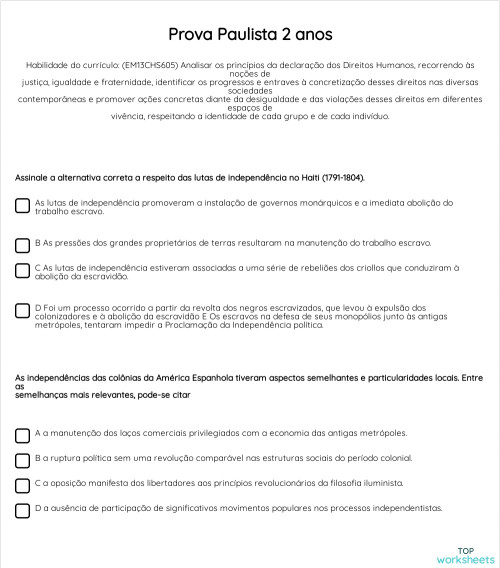 Prova Paulista 2 anos. Ficha interativa | TopWorksheets